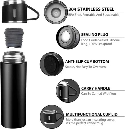 Steel Vacuum Flask Set with 3 Steel Cups - 500mlFlexora Gadgets