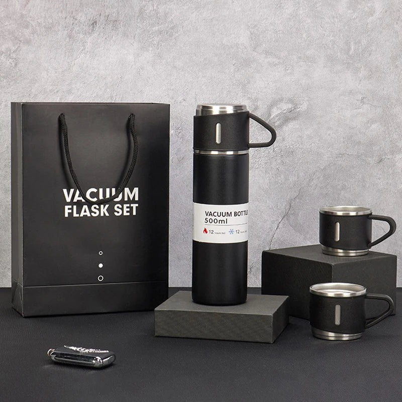 Steel Vacuum Flask Set with 3 Steel Cups - 500mlFlexora Gadgets